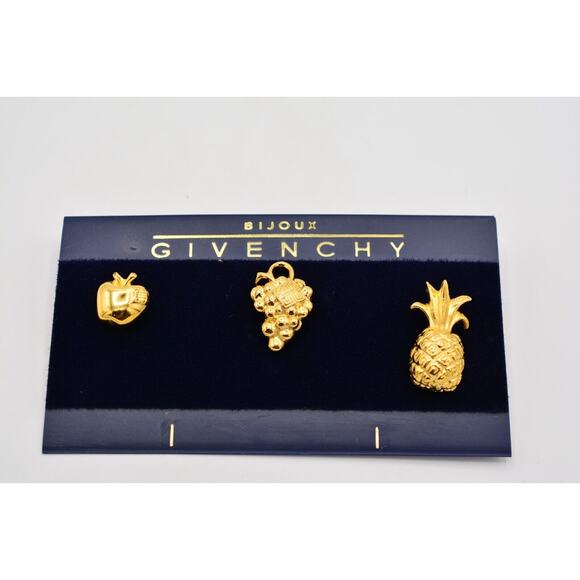 Givenchy Vintage Logo Pin Lapels Tac Set 4G Logo Fruit Grapes Apple Signed BinAJ - Picture 1 of 12